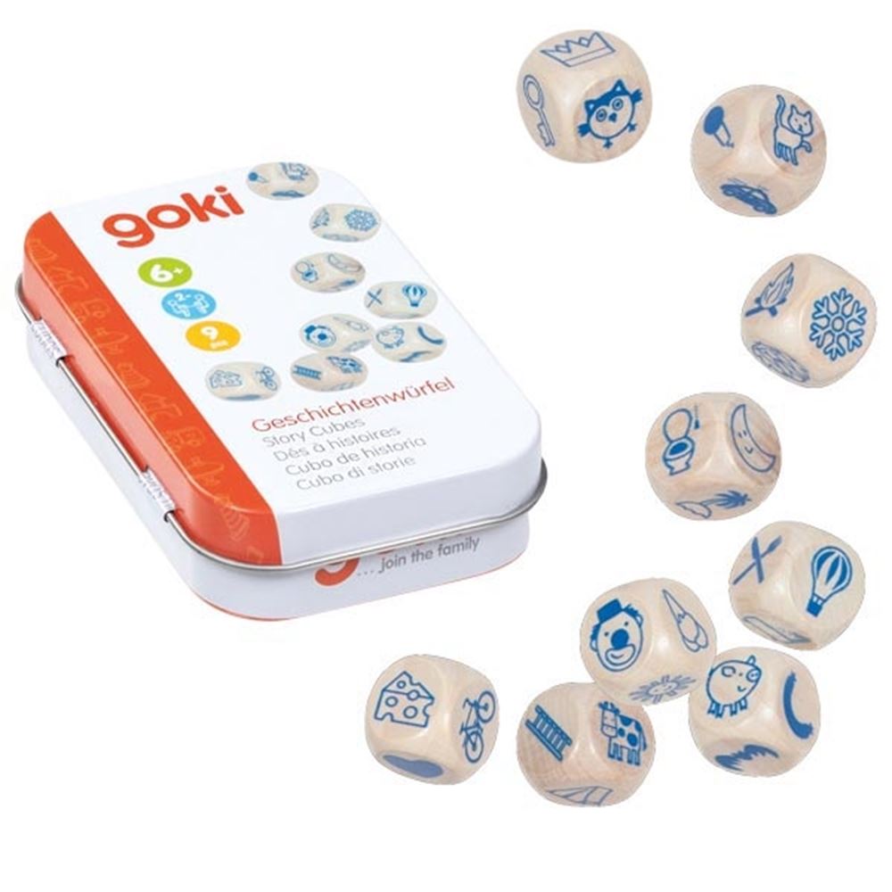 Jeu de dés Goki - histoires - 9 dés en bois - en boîte métal - 6 ans