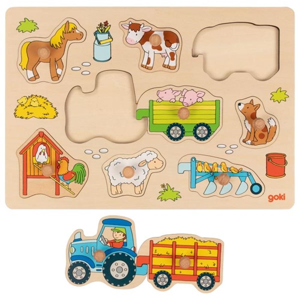 Tracteur puzzle bouton avec remorques. 9 parties