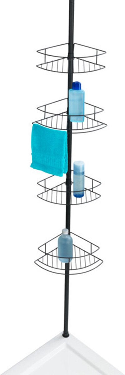 Wenko support de douche télescopique dolcedo 4 couches en acier inoxydable noir - extensible de 65 à 275cm - panier de douche - montage sans perçage