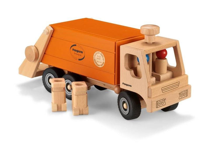 Camion poubelle en bois orange 43 cm avec 2