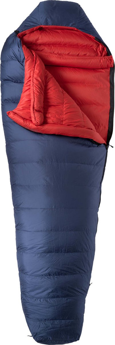 Lowland outdoor - kibo zero - sac de couchage momie en duvet 0°c - 995 gr - 225x80 cm - bleu marine rouge
