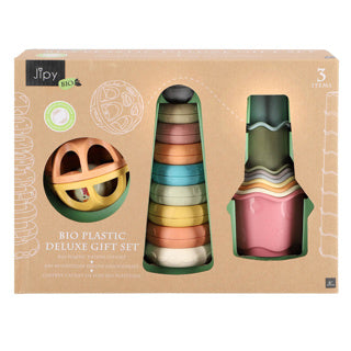 Jipy Bioplastic Deluxe Gift Set Empile Towing Tower Bath Stapper Cups et jouer Ratelbal 3 Paps