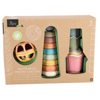 Jipy Bioplastic Deluxe Gift Set Empile Towing Tower Bath Stapper Cups et jouer Ratelbal 3 Paps