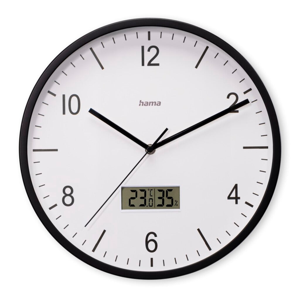 Hama horloge murale dcf Lanzarote ne tique pas + thermomètre et hygromètre 35 cm noir et blanc