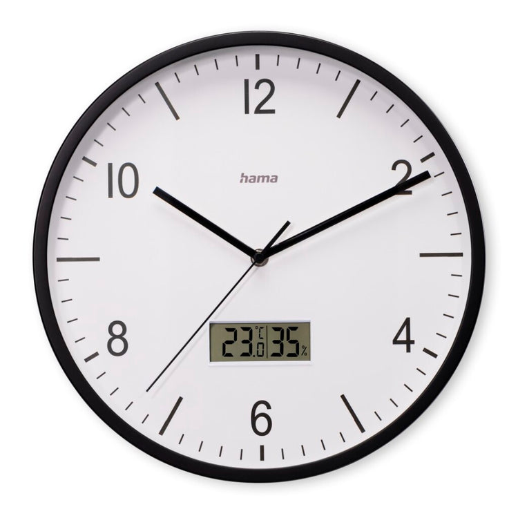 Hama horloge murale dcf Lanzarote ne tique pas + thermomètre et hygromètre 35 cm noir et blanc