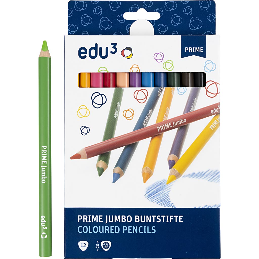 Crayon de couleur Edu3 edu jumbo, épaisseur 10 mm, mine 6,25 mm, différentes couleurs, 12 pièces 1 boîte