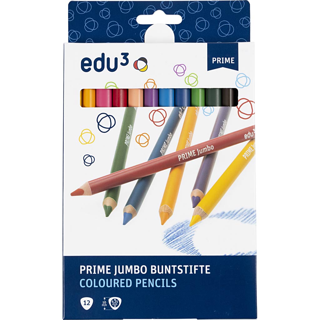 Crayon de couleur Edu3 edu jumbo, épaisseur 10 mm, mine 6,25 mm, différentes couleurs, 12 pièces 1 boîte