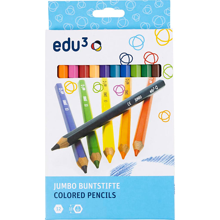Crayons de couleur Edu3 edu jumbo, épaisseur 10 mm, recharge 5 mm, différentes couleurs, 12 pièces 1 boîte