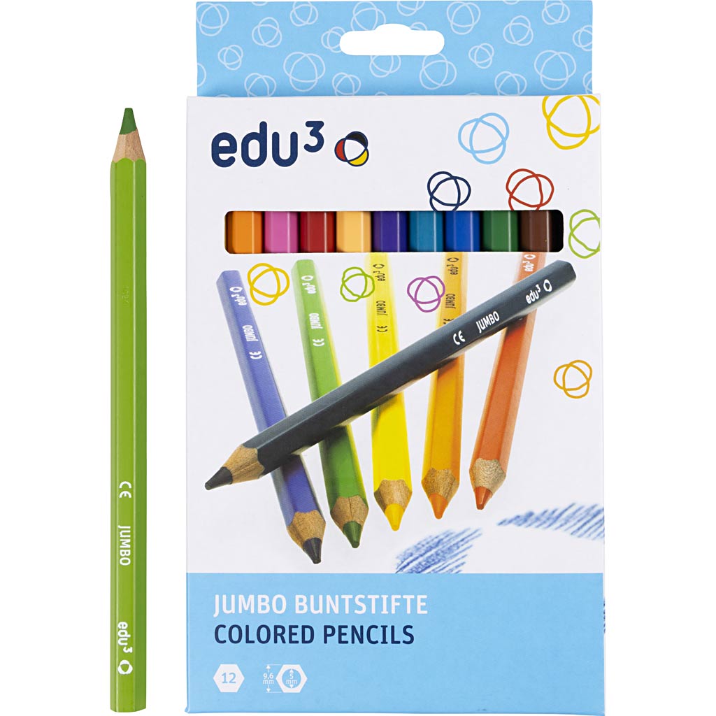 Crayons de couleur Edu3 edu jumbo, épaisseur 10 mm, recharge 5 mm, différentes couleurs, 12 pièces 1 boîte