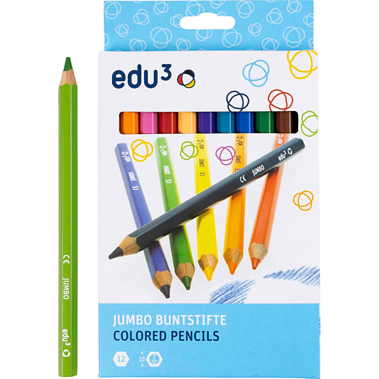 Crayons de couleur Edu3 edu jumbo, épaisseur 10 mm, recharge 5 mm, différentes couleurs, 12 pièces 1 boîte
