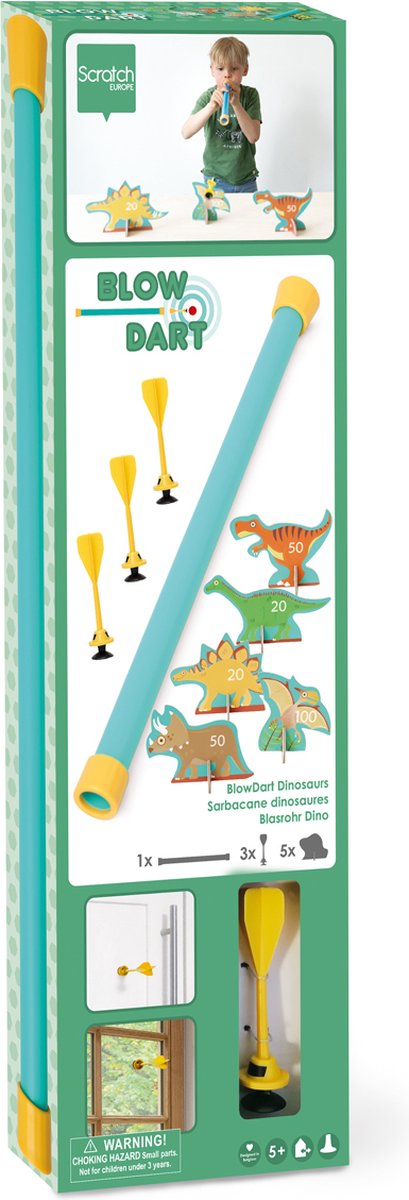 Sarbacane à gratter - dinosaures - avec 5 dinosaures et 3 fléchettes - 5 ans