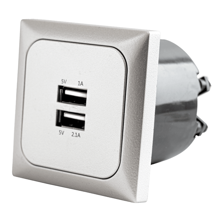 Prise murale C-line avec double chargeur USB-A avec cadre opale argent