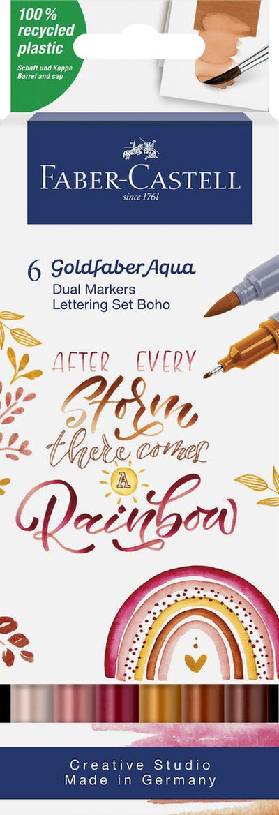 Faber-castell - marqueur aquarelle duo - goldfaber - étui 6 pièces - set de lettrage bohème - pinceau 0,6 mm - fc-164518