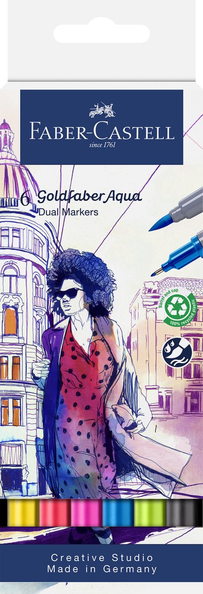 Faber-castell - duo marqueur aquarelle goldfaber - lot de 6 pièces - pinceau 0,6 mm - fc-164606