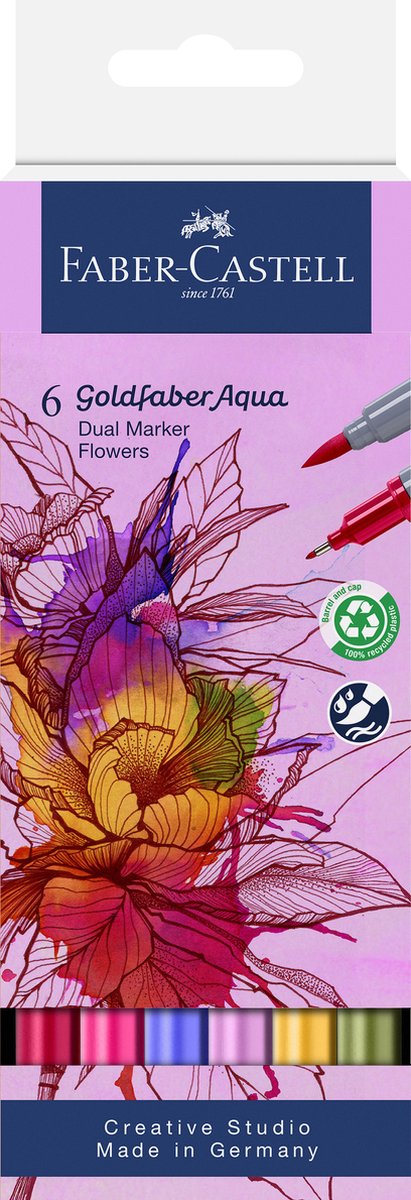 Faber-castell - marqueur aquarelle duo - goldfaber - étui 6 pièces - fleurs - pinceau 0,6 mm - fc-164527