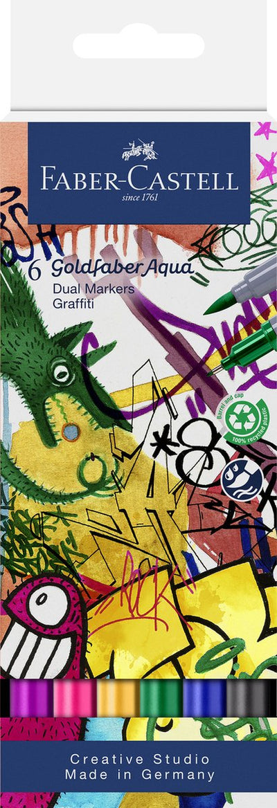 Faber-castell - duo marqueur aquarelle goldfaber - lot de 6 graffitis - pinceau 0,6mm - fc-164525