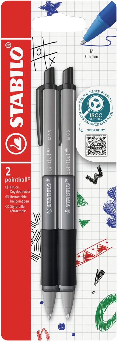 Stabilo pointball - stylo à bille - coloré - rechargeable - gris - 2 pièces