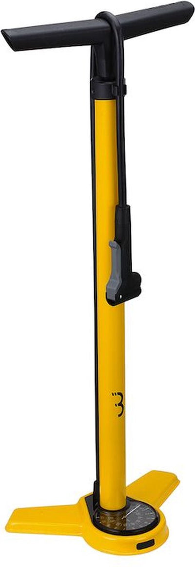Pompe à vélo Bbb cycling airsteel avec manomètre - 11 bar 160 psi - valves : Dunlop, Presta Schräder - pompe à pied haute pression pour vélo de course et VTT - jaune - BFP-27