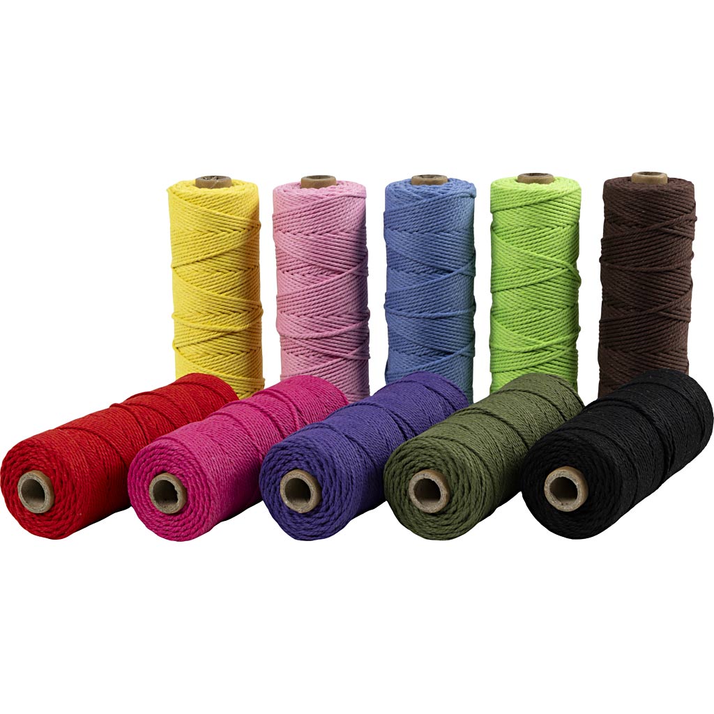 Crétiv Company Macramé Cord, L: 100 m, dikte 2 mm, qualité épaisse 12 36, couleurs fortes, 10x225 gr 1 boîte