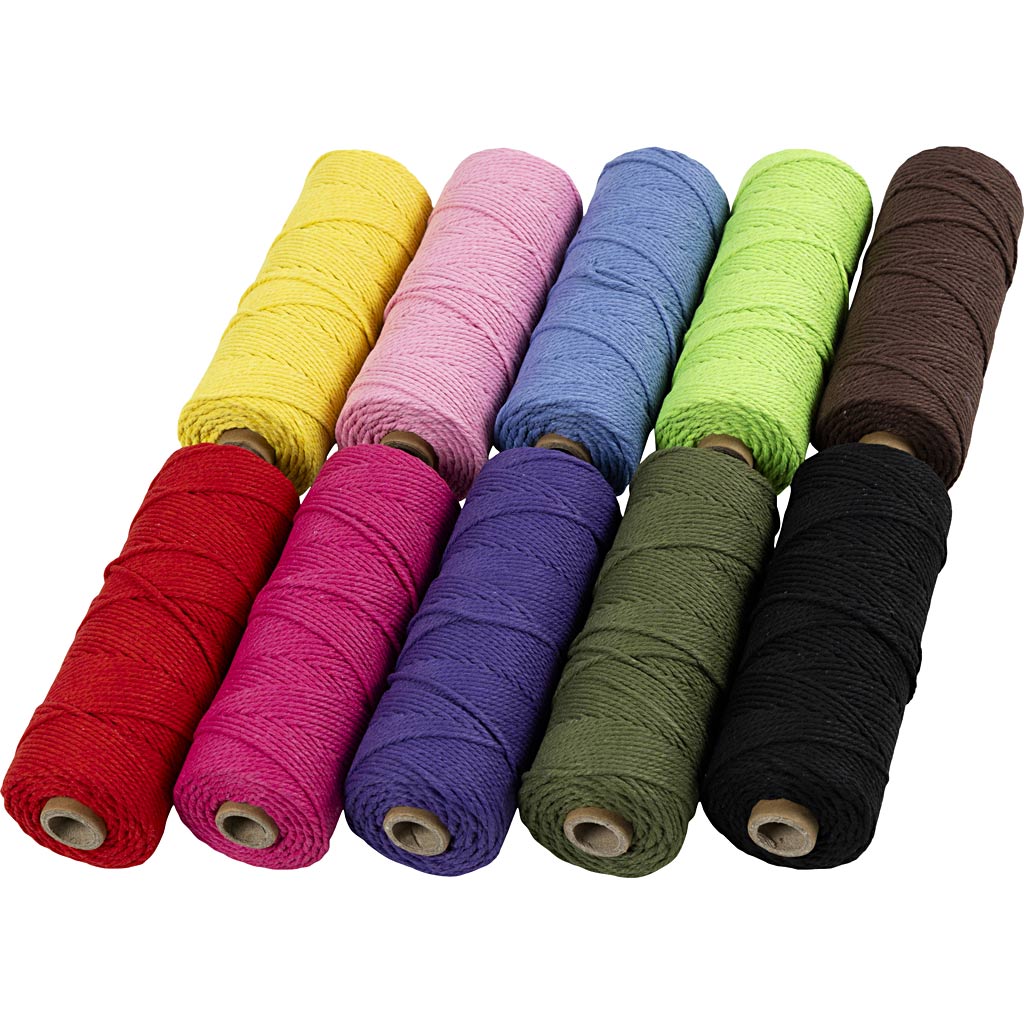Crétiv Company Macramé Cord, L: 100 m, dikte 2 mm, qualité épaisse 12 36, couleurs fortes, 10x225 gr 1 boîte