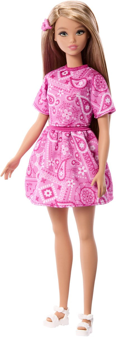 Style Barbie fashionistas - poupée avec jupe rose à motif cachemire et cheveux blonds
