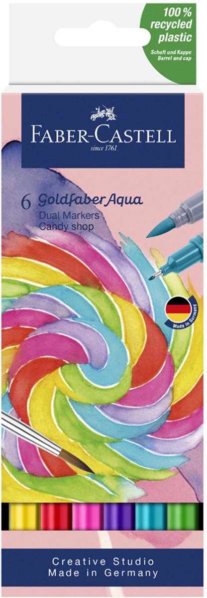 Faber-castell - duo marqueur aquarelle goldfaber - étui 6 pièces confiserie - pinceau 0,6mm - fc-164528
