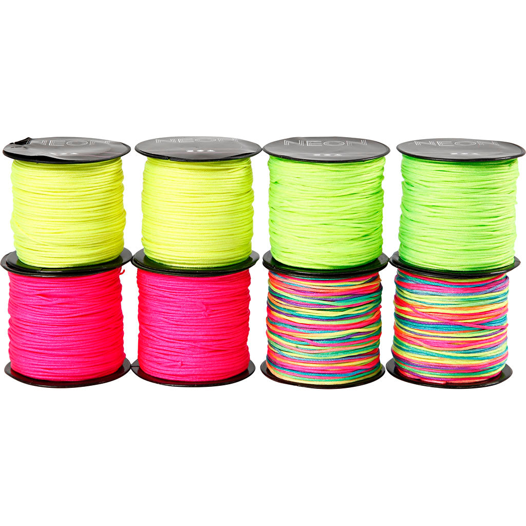 Creativ company cordon macramé, épaisseur 1 mm, vert fluo, rose fluo, jaune fluo, mix néon, 8x28 m 1 boîte