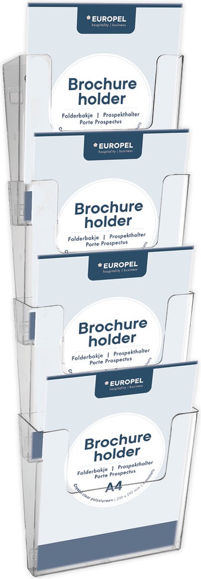 Présentoirs à brochures Europel multiples - dépliants, dossiers, cartes de visite - 4x A4 portrait - 21 x 29,7 cm - présentation cristalline - salons et bureaux - 4 parties séparées à monter au mur et à agencer vous-même