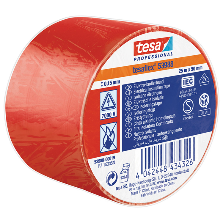 Tesa professional 1062761 - ruban électrique spvc rouge 25m x 50mm | 4 pièces