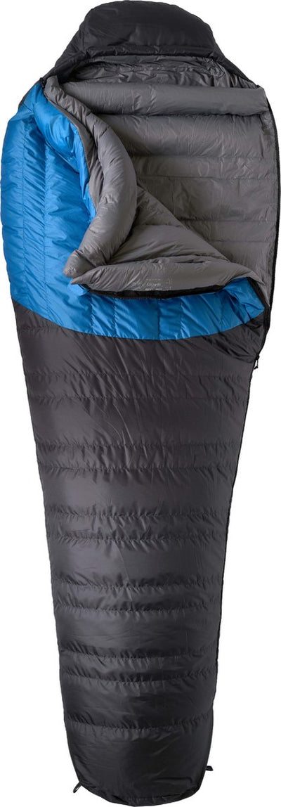 Sac de couchage extérieur en duvet Lowland - expédition sur glacier - 1690 gr - 230 x 80 cm -20°c - bleu - fermeture éclair gauche