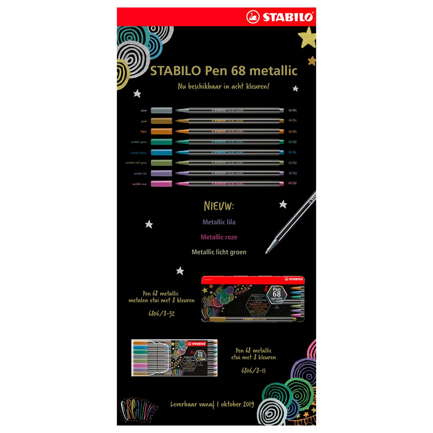 Stabilo Pen 68 Metallic Metal Box Felt -Tip stylos, 8e.