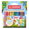 Stabilo trio épais - crayons de couleur triangulaires à noyau extra épais - ambiance animale - étui de 12 couleurs