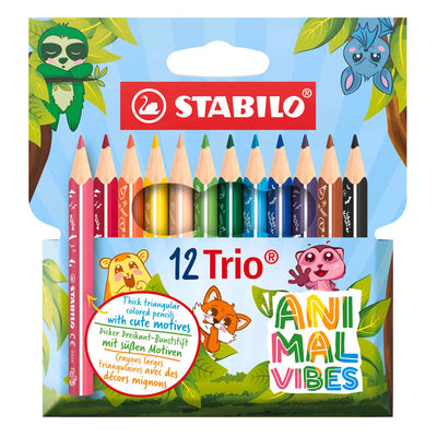 Stabilo trio épais - crayons de couleur triangulaires à noyau extra épais - ambiance animale - étui de 12 couleurs