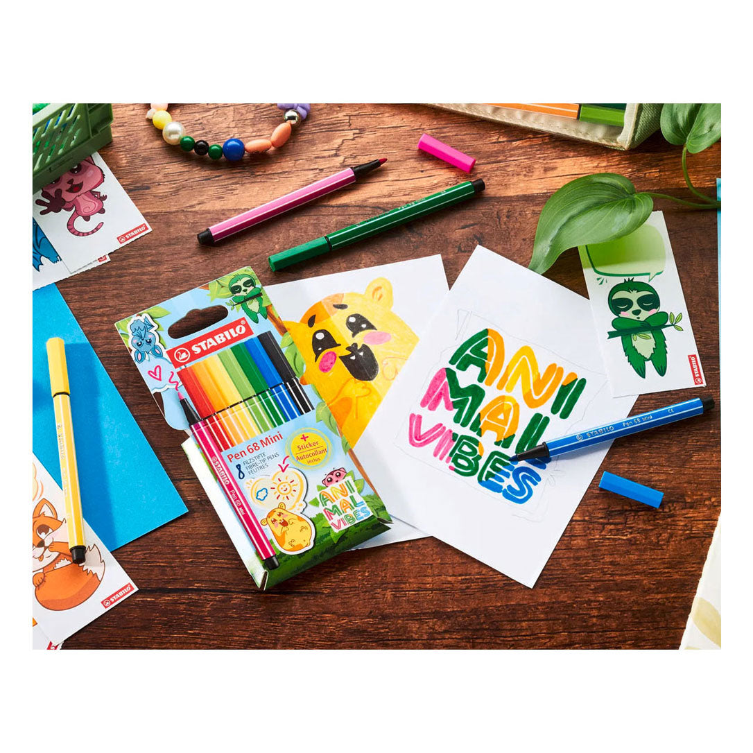 Stabilo pen 68 mini - feutre premium - animal vibes - étui de 8 couleurs + autocollant