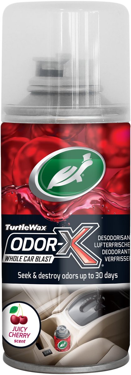 Turtle Wax Odor-X Car Brumisateur Cerise - Dissolvant d'odeurs tout-en-un - pour textiles, tapis, garnitures de pavillon et systèmes de ventilation - s'attaque aux odeurs profondément absorbées - avec un parfum de cerise rafraîchissant - 100 ml