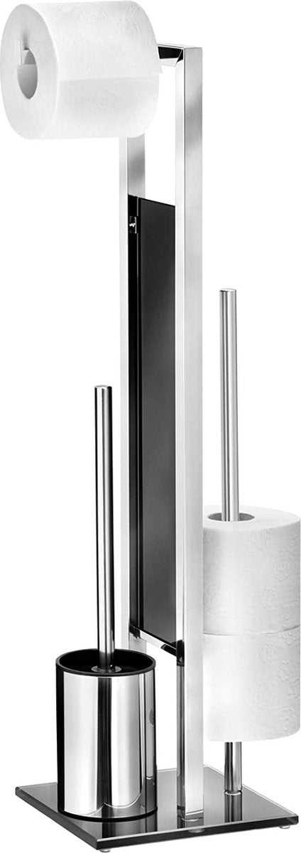 Wenko majordome de toilette rivalta en acier inoxydable brillant - brosse de toilette avec support, porte-rouleau de papier toilette et porte-rouleau de rechange autoportant
