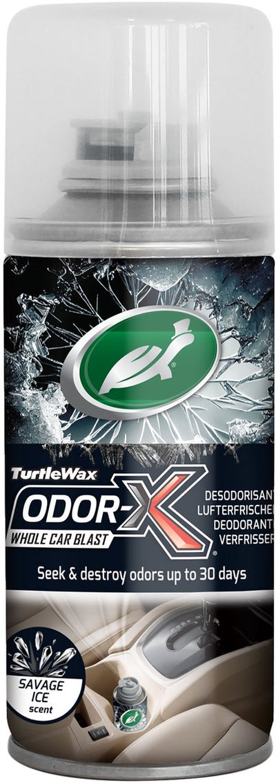 Turtle Wax Odor-X Car Brumisateur Savage Ice - Dissolvant d'odeurs tout-en-un - Pour textiles, tapis, garnitures de pavillon et systèmes de ventilation - S'attaque aux odeurs profondément absorbées - Laisse un parfum frais et masculin - 100 ml