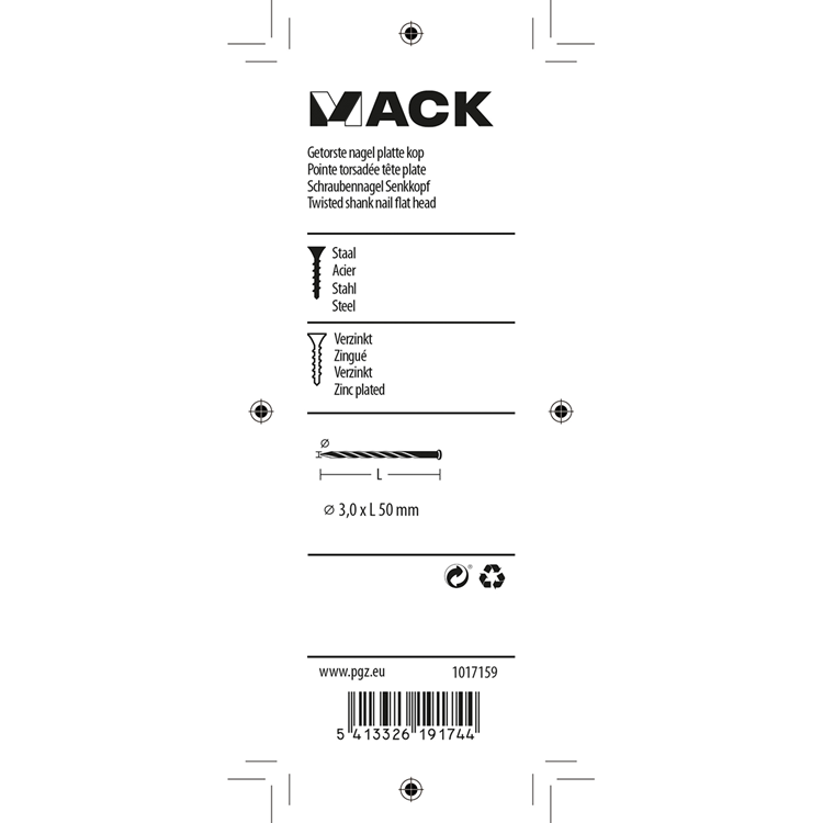 Mack 1017159 - clou torsadé pk galvanisé 135gr 3,0 x 50 mm | 5 pièces