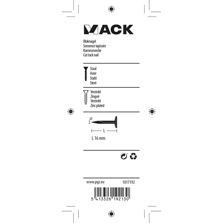 Mack 1017192 - bloc clou acier galvanisé 50 gr16 mm | 10 pièces