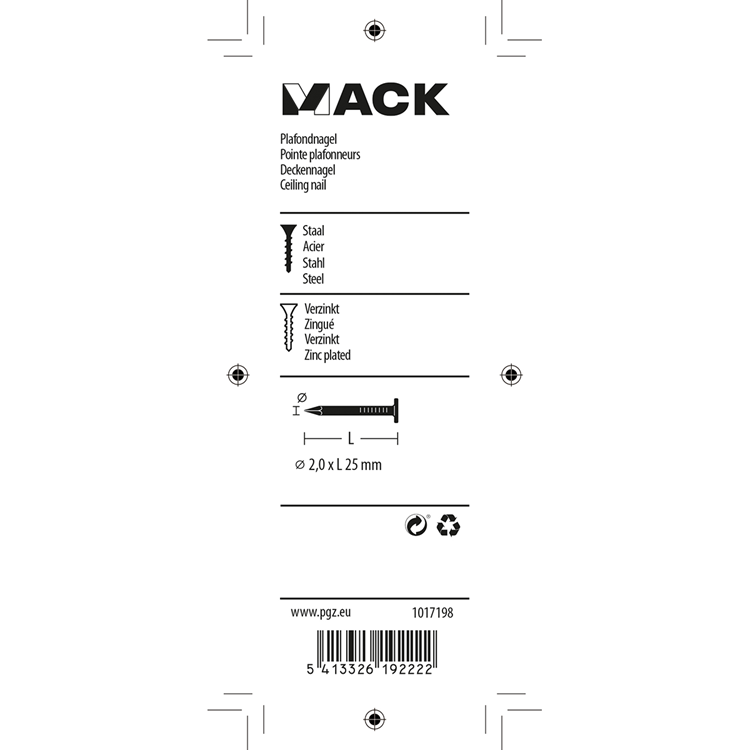 Mack 1017198 - clou de plafond en acier galvanisé 90 gr 2,0 x 25 mm | 5 pièces