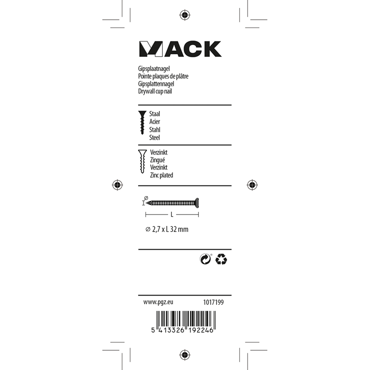 Mack 1017199 - clou pour plaques de plâtre acier galvanisé 100 gr 2,7 x 32 mm | 5 pièces