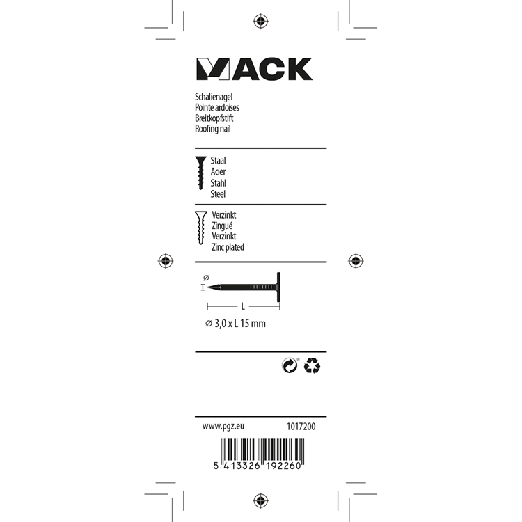 Mack 1017200 - clou de schiste en acier galvanisé 100 gr 3,0 x 15 mm | 5 pièces