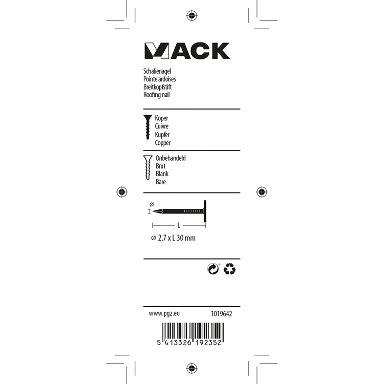 Mack 1019642 - clou de schiste cuivre 30 gr 2,7 x 30mm | 10 pièces