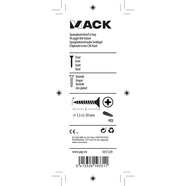 Mack 1017229 - vis pour panneaux d'aggloméré avec tête plaquée jaune 14 pcs 3,5 x 50 mm | 10 pièces