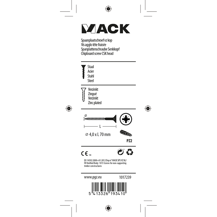 Mack 1017239 - vis pour panneaux d'aggloméré avec tête plaquée jaune 10 pcs 4,0 x 70 mm | 10 pièces