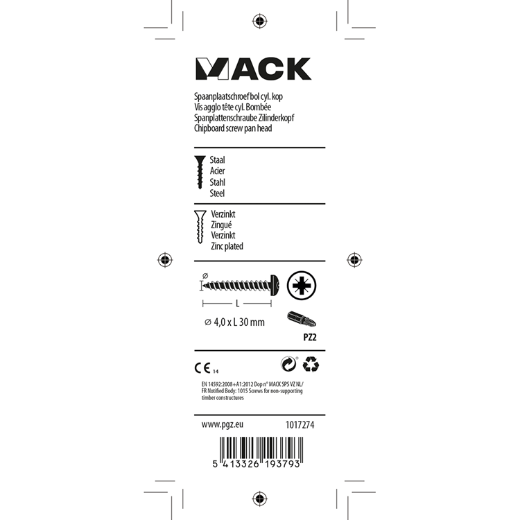 Mack 1017274 - vis pour panneaux d'aggloméré à tête cylindrique plaquée jaune 20 pièces 4,0 x 30 mm | 10 pièces
