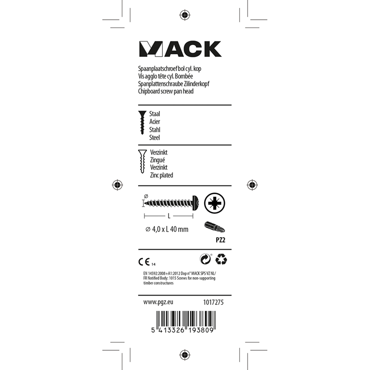 Mack 1017275 - vis pour panneaux d'aggloméré à tête cylindrique plaquée jaune 15 pièces 4,0 x 40 mm | 10 pièces