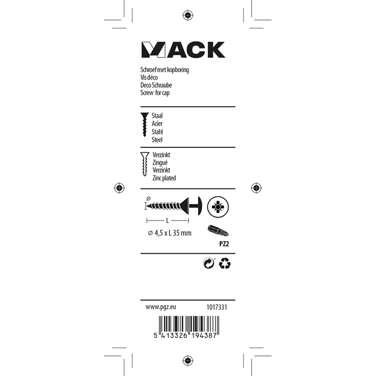 Mack 1017331 - vis avec alésage à tête, acier galvanisé. 12 pièces 4,5 x 35 mm | 10 pièces