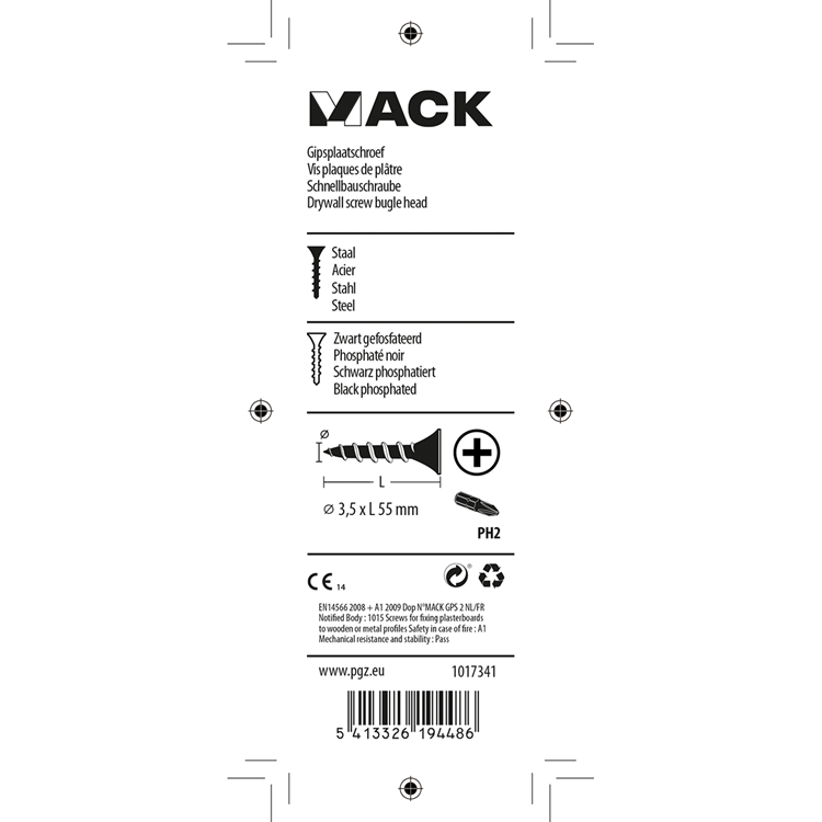 Mack 1017341 - vis pour plaques de plâtre phosph noir. 15 pièces 3,5 x 55 mm | 10 pièces