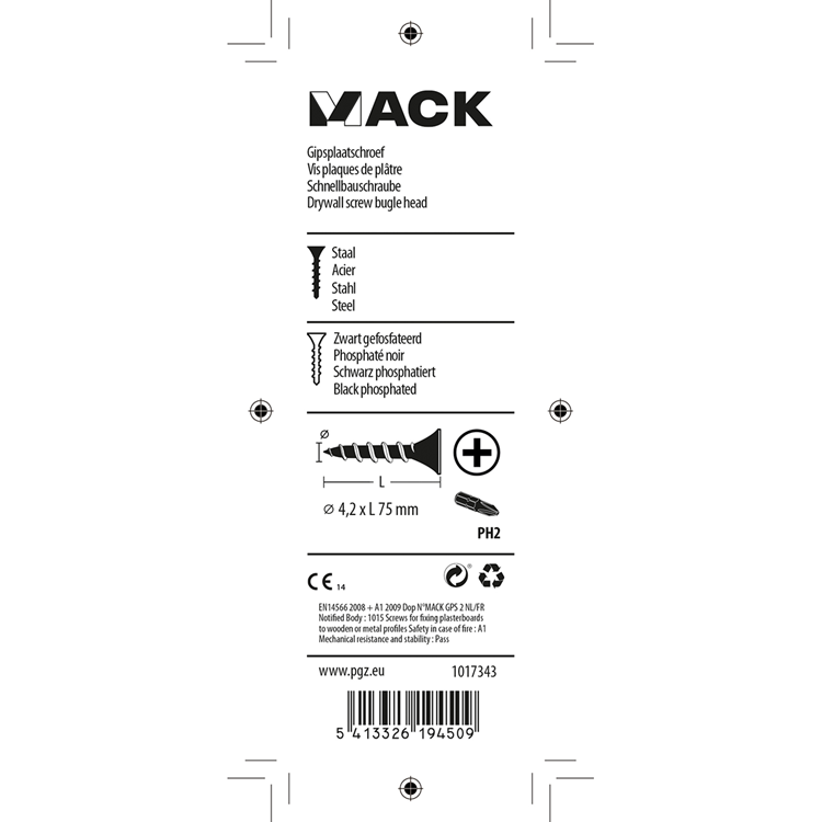 Mack 1017343 - vis pour plaques de plâtre phosph noir. 10 pièces 4,2 x 75 mm | 10 pièces